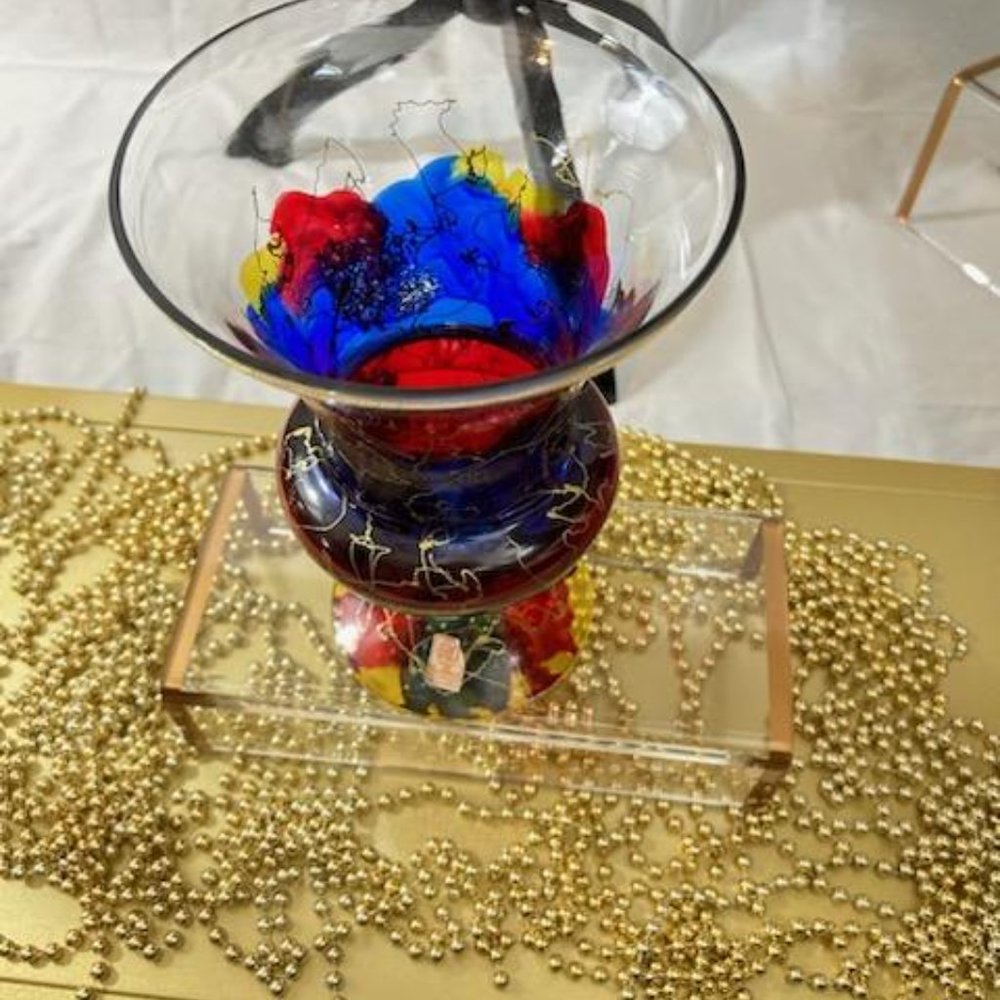 Royal Danube Hand Blown Decorated 10" x 6.5" Glass Vase Red Blue Gold - Romania - Picture 2 of 3